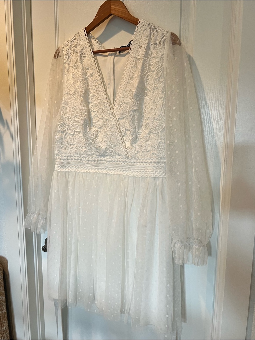 Simplee Apparel White Lace V-Neck Long Sleeve Polka Dot Mesh Dress Boho Bridal
